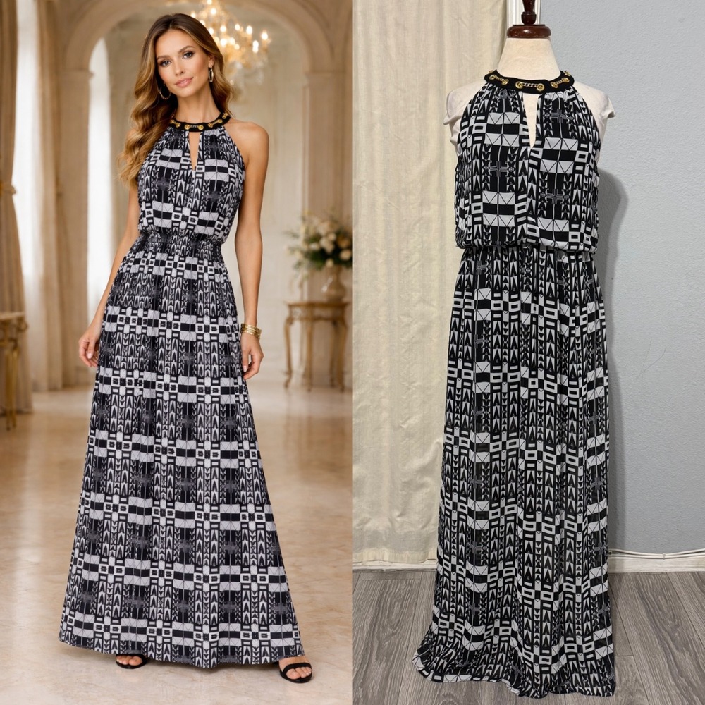 Papaya Black White Geometric Maxi Dress M Elegant Halter Gold Chain Keyhole